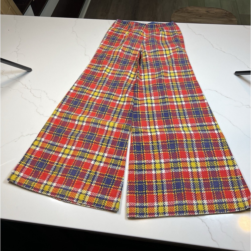 Vintage Bell Bottoms Womens 70s Red Plaid Flare Wide Leg Hippy Cotton Disco